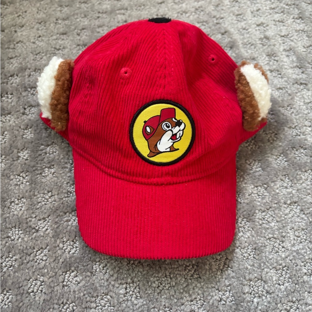 Buc-ees Red Cap with Cartoon Patch and beaver  ear flaps infant